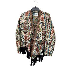 Women Southwestern Jacket Sz M Fringe Woven Tapestry Open Front Cowgirl Boho